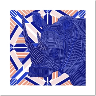 Abstract Rhino From Africa on Vibrant Blue and Coral Pattern Posters and Art